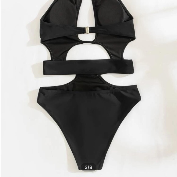 cutout halter black one piece swimsuit - Picture 3 of 5